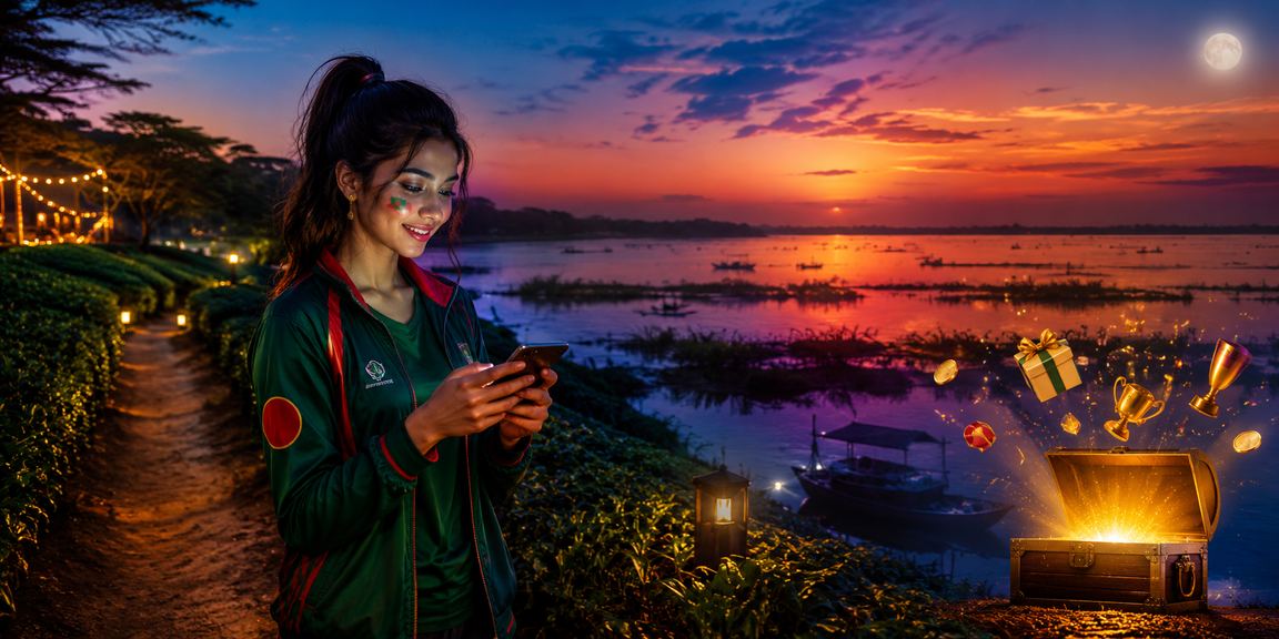 টাঙ্গুয়ার হাওরে চা বাগানের পটভূমিতে দায়িত্বশীল গেমিংয়ের প্রতীকী দৃশ্য